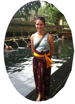 Emma dressed in traditional Balinese garb at the Holy Spring Water Temple
