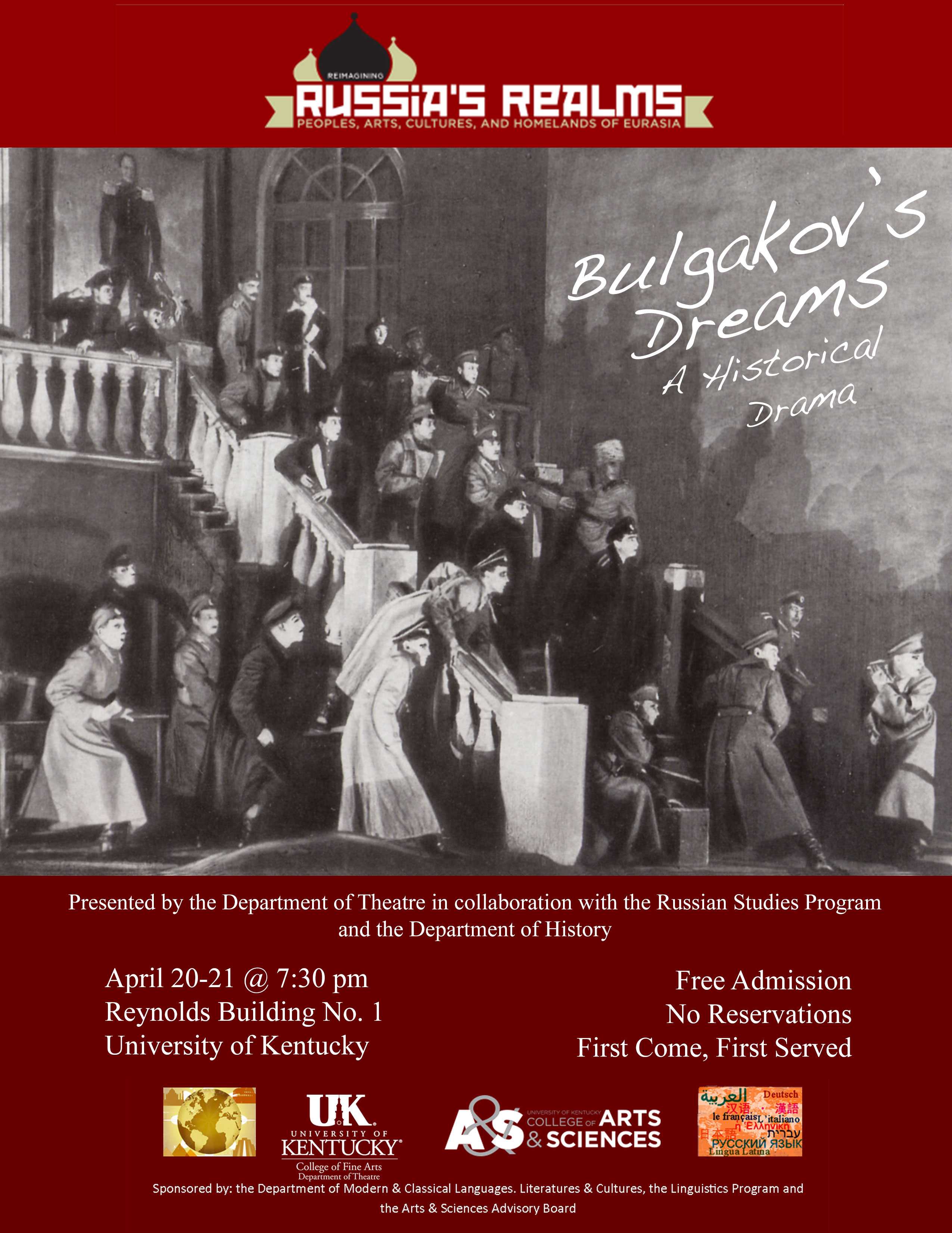 UK Department of Theatre in collaboration with UK's Russian Studies Program and the Department of History will present "Bulgakov's Dreams," a drama on the life of Soviet writer Mikhaíl Afanasyevich Bulgakov. The performance will begin 7:30 p.m. Saturday and Sunday, April 20 and 21, at Reynolds Building No. 1.