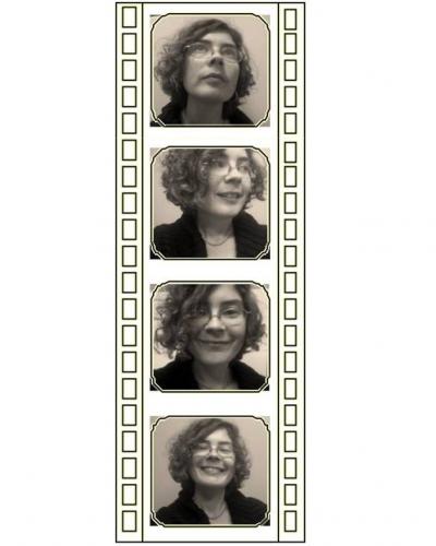 A woman appears in a series of four black and white photographs.